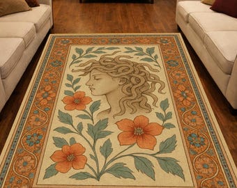 Alfombra vintage de Medusa / Alfombra de mitología griega / Alfombra tradicional con borde floral / Decoración para el hogar estilo Dark Academia / Decoración de Medusa / DR50