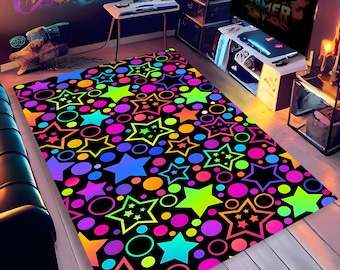 Alfombra de estrellas de colores / Alfombra de arcade con estrellas de neón / Decoración para sala de juegos / Alfombra de arcade / Alfombra de estrellas de colores / Alfombras lavables / Regalos para jugadores / Alfombras de neón