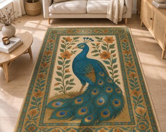Alfombra con diseño de pavo real / Alfombra tradicional persa con motivos animales / Alfombra estética / Decoración moderna escandinava para el hogar / Regalos para inauguración de casa