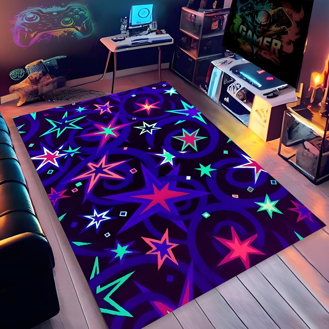 Neon Pattern Rugs | Neon Star Arcade Area Rug | Gamer Room Decor ...