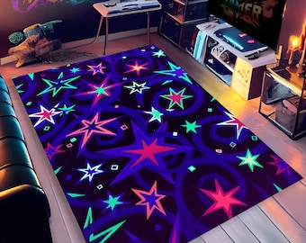 Alfombras con estampado de neón / Alfombra arcade con estrellas de neón / Decoración para habitación de gamer / Alfombra arcade / Alfombra con estrellas de colores / Alfombras lavables / Regalos para gamers / Alfombras neón