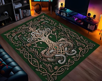 Alfombra de decoración vikinga / Alfombra de serpiente tribal nórdica / Alfombra de mitología vikinga / Decoración de runas místicas / Alfombra boho verde oscuro / Alfombra de diseño escandinavo