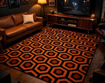 Alfombra geométrica naranja y negra / Decoración retro moderna de mediados de siglo / Alfombra icónica geométrica hexagonal / Regalos para fanáticos del cine de terror