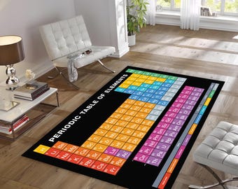 May include: A rectangular black rug featuring a colorful periodic table of elements design. The rug has a non-slip backing and is labeled "PERIODIC TABLE OF ELEMENTS" in white text. The rug is placed on a wooden floor.