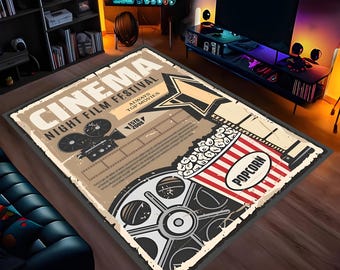 Decoración vintage para sala de cine / Alfombra con diseño de película / Alfombra con estampado cinematográfico / Decoración de cine / Decoración para cine en casa / Alfombra decorativa para habitaciones / Alfombra decorativa de películas