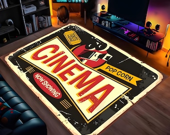 Alfombra de cine vintage / Decoración de sala de cine vintage / Alfombra con estampado de películas / Decoración de cine / Decoración de cine en casa / Alfombra decorativa para habitaciones