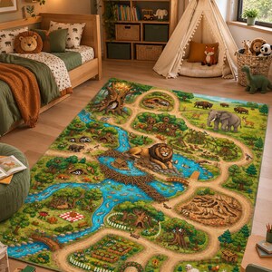 Kids Adventure Map Rug | Safari Animal Playroom Rug | Forest Road Play Mat | Educational Kids Room Decor | Jungle Animal Area Rug