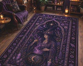 Tapete Bruxa Roxo | Tapete Floral Gótico | Tapete Místico Inspirado no Tarô | Decoração Lua Celestial | Decoração Gótica para Casa | Tapete Decorativo