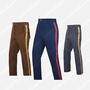 May include: Three pairs of trousers in brown, navy blue, and dark gray. Each pair features a high waistband with a button closure and a vertical decorative stripe running down the outer leg. The brown pair has a gold stripe, the navy pair has a red stripe, and the dark gray pair has a gold stripe.