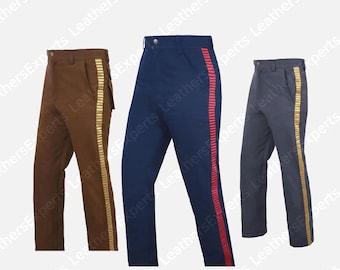 May include: Three pairs of trousers in brown, navy blue, and dark gray. Each pair features a high waistband with a button closure and a vertical decorative stripe running down the outer leg. The brown pair has a gold stripe, the navy pair has a red stripe, and the dark gray pair has a gold stripe.