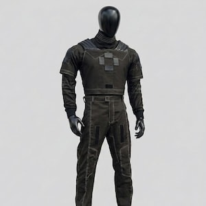 May include: A dark charcoal grey tactical-style outfit consisting of a long-sleeved top and matching trousers. The top features a high neck, ribbed shoulder panels, and a cross-shaped patch on the chest. The trousers include visible stitching.
