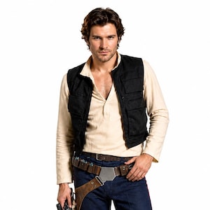May include: A costume consisting of a beige long-sleeved shirt, a black utility vest, dark blue trousers with a red side stripe, a brown leather belt with a holster, and black knee-high boots. A black prop blaster is held in the right hand.