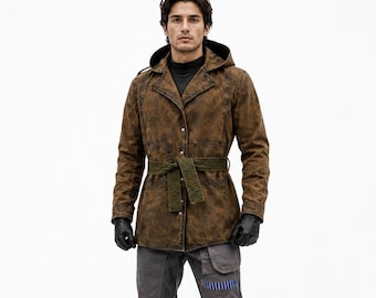 May include: A brown hooded jacket with a distressed texture and a dark olive green tie belt, worn over a black mock neck shirt. The outfit includes dark gray trousers with a blue striped accent, black leather gloves, and black knee-high boots.