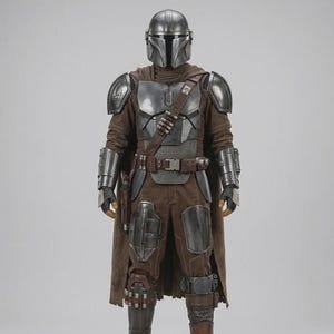 Puede incluir: Imagen de cuerpo entero de un disfraz de Mandaloriano. La armadura es principalmente plateada y marrón, con casco, hombreras, peto y armadura para las piernas. El disfraz incluye una capa marrón, cinturón y botas. El diseño es robusto y detallado.