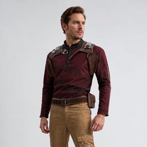 May include: A long-sleeved maroon shirt with a black collar and placket, worn with a brown leather-like harness. Tan cargo pants feature a side pocket with two silver circular accents and reinforced knee panels. Dark brown leather boots complete the outfit.