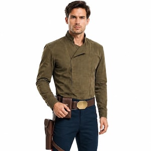 May include: An olive green long-sleeved shirt with a high collar, dark blue trousers featuring a vertical red stripe on the side, a brown leather belt with a large brass-colored buckle, a brown leather holster, and dark brown leather boots.