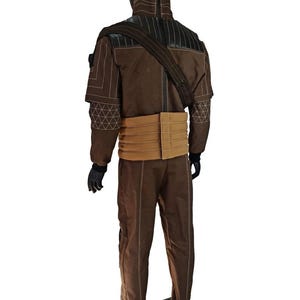Back view of Din Djarin Mandalorian brown undersuit cosplay costume showing suit, vest, cummerband and Mando belt