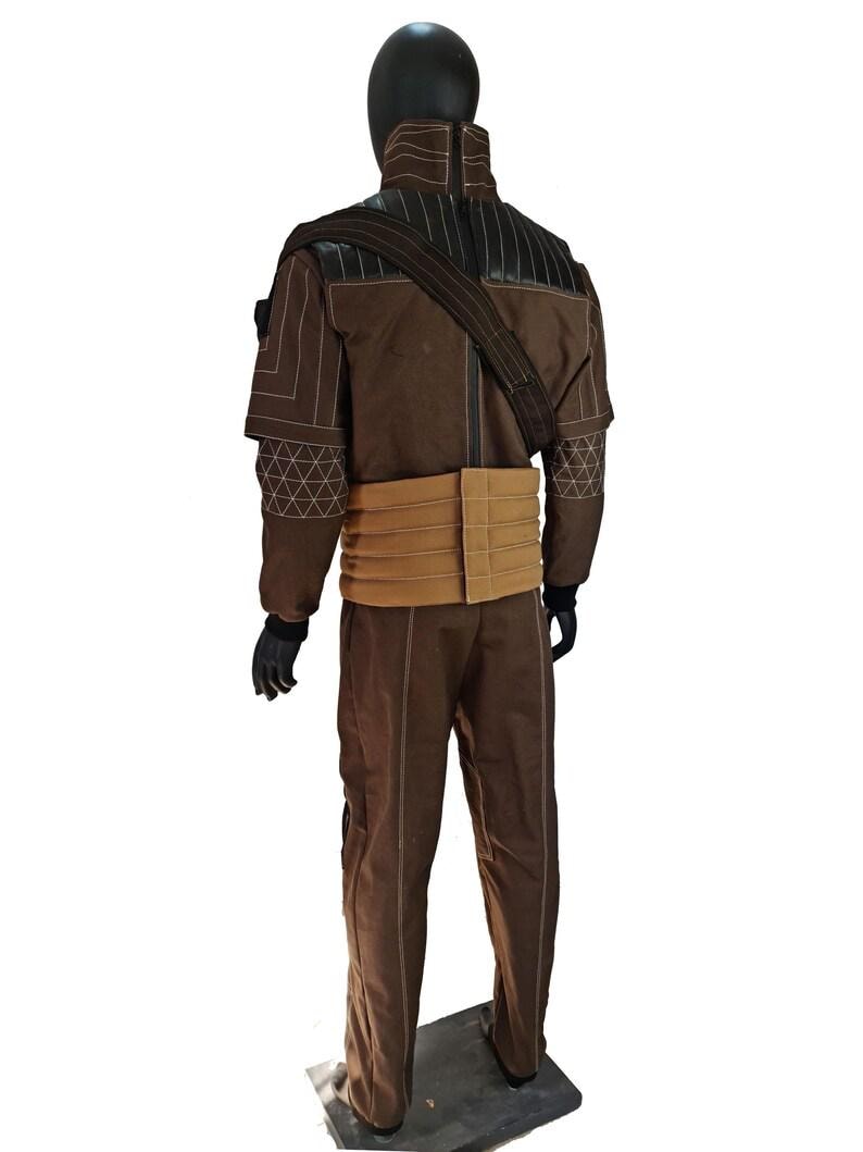 Back view of Din Djarin Mandalorian brown undersuit cosplay costume showing suit, vest, cummerband and Mando belt