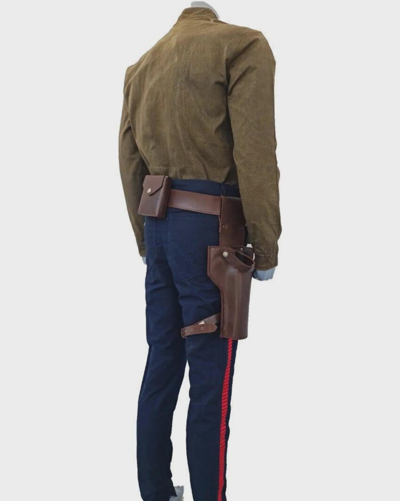 May include: A tan long-sleeved shirt paired with dark blue trousers featuring a vertical red stripe down the side. A brown leather utility belt is worn around the waist, equipped with a small rectangular pouch and a large holster on the left side.