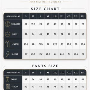 May include: A size chart for LeathersExperts featuring two tables for jacket and pants measurements in inches. The jacket table lists shoulder, chest, length, and sleeve sizes from S to 6XL. The pants table lists waist and length sizes from S to 6XL.