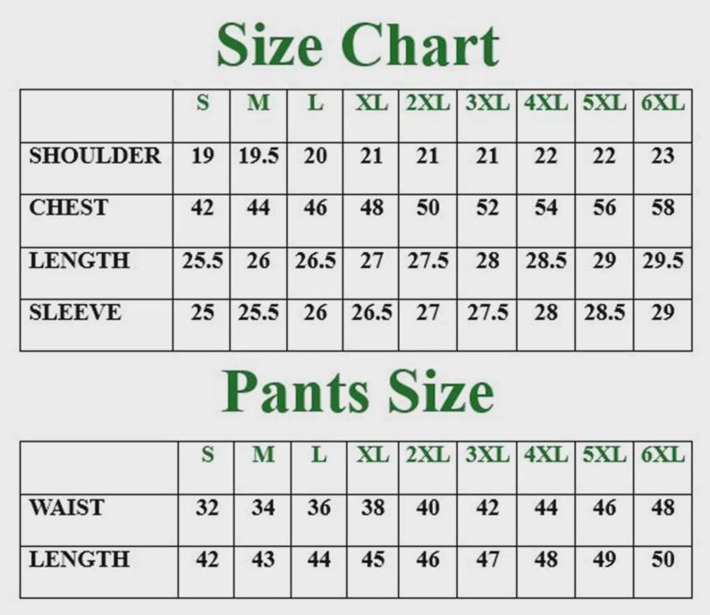 Op de afbeelding: Een maattabel voor kleding met afmetingen voor schouder, borst, lengte en mouw. De maten vari&euml;ren van S tot 6XL. De broekmaattabel toont taille- en lengtematen, eveneens van S tot 6XL.