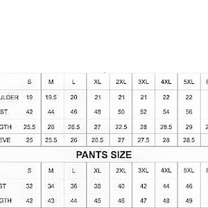 Puede incluir: Un gr&aacute;fico blanco con texto negro que detalla las tallas de camisas y pantalones. El gr&aacute;fico incluye medidas para hombro, pecho, largo, manga, cintura y largo, que van desde la talla S hasta la 6XL.