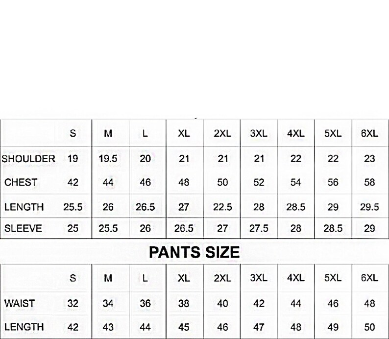 Puede incluir: Un gr&aacute;fico blanco con texto negro que detalla las tallas de camisas y pantalones. El gr&aacute;fico incluye medidas para hombro, pecho, largo, manga, cintura y largo, que van desde la talla S hasta la 6XL.