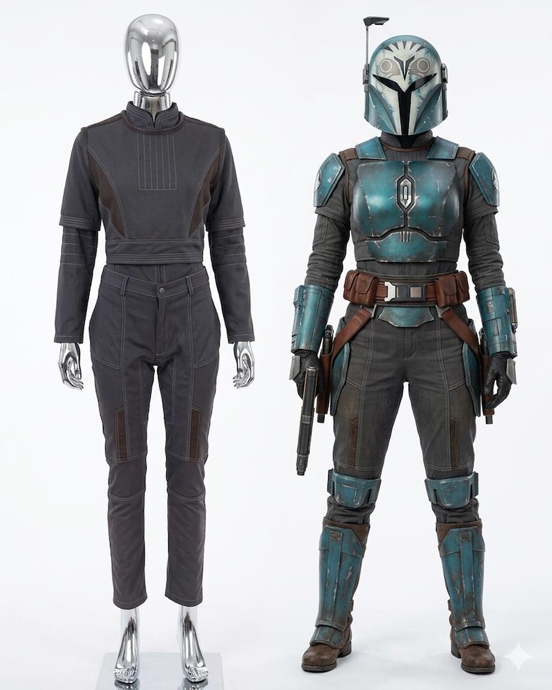 May include: Two full-body mannequins display costumes. One is a dark gray jumpsuit with brown accents. The other is a teal and gray armored suit with a helmet, brown belt, and a blaster pistol. The costumes are from a science fiction theme.