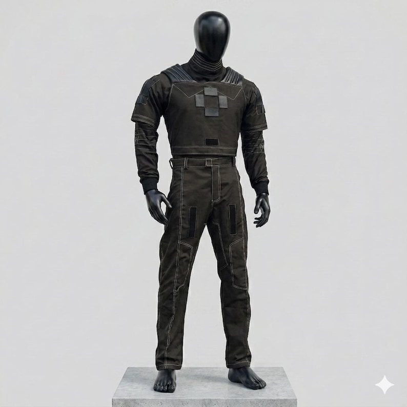 May include: A dark charcoal grey tactical-style outfit consisting of a long-sleeved top and matching trousers. The top features a high neck, ribbed shoulder panels, and a cross-shaped patch on the chest. The trousers include visible stitching.