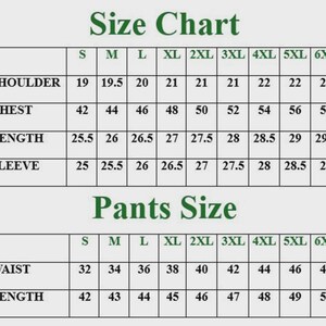 Op de afbeelding: Een maattabel voor kleding met afmetingen voor schouder, borst, lengte en mouw. De maten vari&euml;ren van S tot 6XL. De broekmaattabel toont taille- en lengtematen voor maten S tot 6XL.
