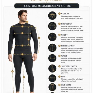 May include: A custom measurement guide infographic by LeathersExperts featuring a diagram of a person in black long-sleeved shirt and leggings. It displays nine numbered measurement points including collar, shoulder, chest, shirt length, waist, sleeves length, hips, out seam, and inseam with instructions in English.