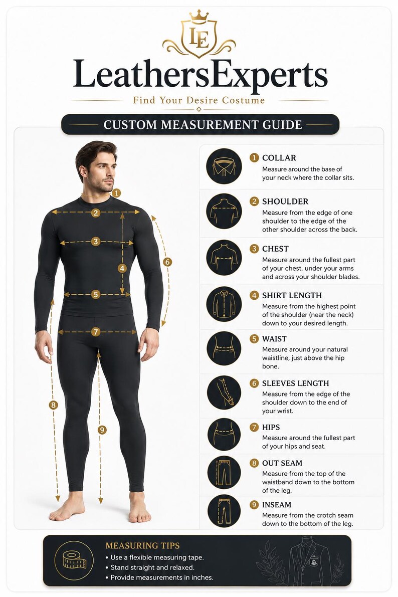 May include: A custom measurement guide infographic by LeathersExperts featuring a diagram of a person in black long-sleeved shirt and leggings. It displays nine numbered measurement points including collar, shoulder, chest, shirt length, waist, sleeves length, hips, out seam, and inseam with instructions in English.