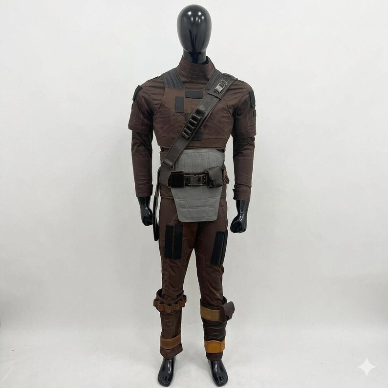 Op de afbeelding: Een bruin kostuum gepresenteerd op een zwarte mannequin. Het kostuum bevat een top met lange mouwen, een broek en diverse accessoires zoals een riem, schouderriem en beenbeschermers. De outfit heeft een tactische uitstraling met meerdere zakken en panelen.