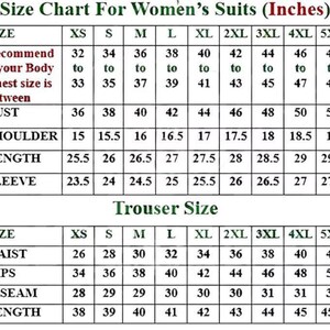 May include: Size chart for women's suits, displaying measurements in inches. Includes bust, shoulder, length, and sleeve measurements, as well as waist, hips, inseam, and length for trousers. Sizes range from XS to 5XL.