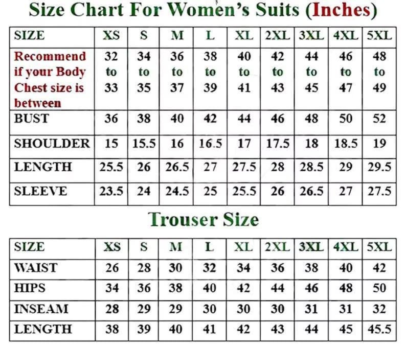 May include: Size chart for women's suits, displaying measurements in inches. Includes bust, shoulder, length, and sleeve measurements, as well as waist, hips, inseam, and length for trousers. Sizes range from XS to 5XL.