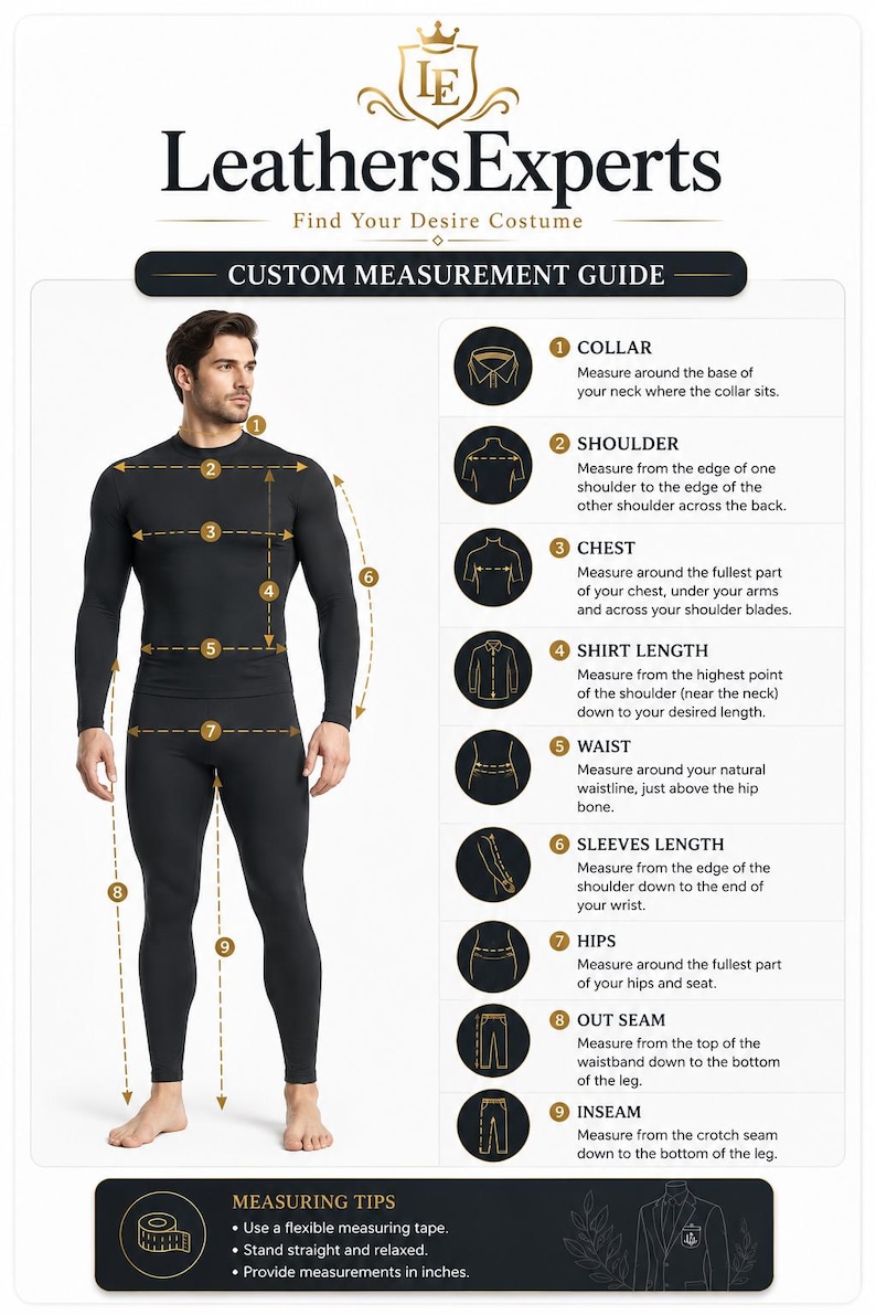 May include: A custom measurement guide infographic by LeathersExperts featuring a diagram of a person in black long-sleeved shirt and leggings. It displays nine numbered measurement points including collar, shoulder, chest, shirt length, waist, sleeves length, hips, out seam, and inseam with instructions in English.