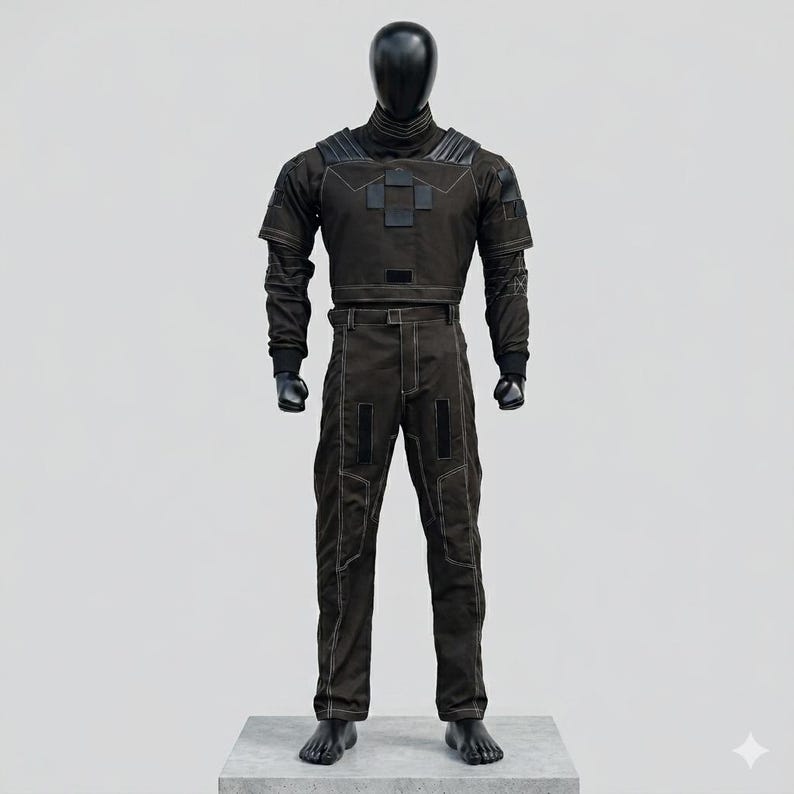 Puede incluir: Un conjunto t&aacute;ctico de dos piezas en color marr&oacute;n oscuro sobre un maniqu&iacute; negro. La parte superior presenta cuello alto, paneles estructurados en los hombros y parches rectangulares en el pecho. El pantal&oacute;n a juego incluye costuras blancas.