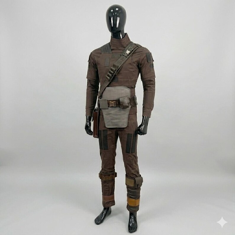 Op de afbeelding: Een bruin kostuum met een hoge kraag, schouderband en meerdere zakken. De outfit bestaat uit een shirt met lange mouwen, een broek en een gereedschapsriem. De mannequin draagt zwarte handschoenen en laarzen, en het algehele ontwerp suggereert een futuristisch of sciencefiction thema.