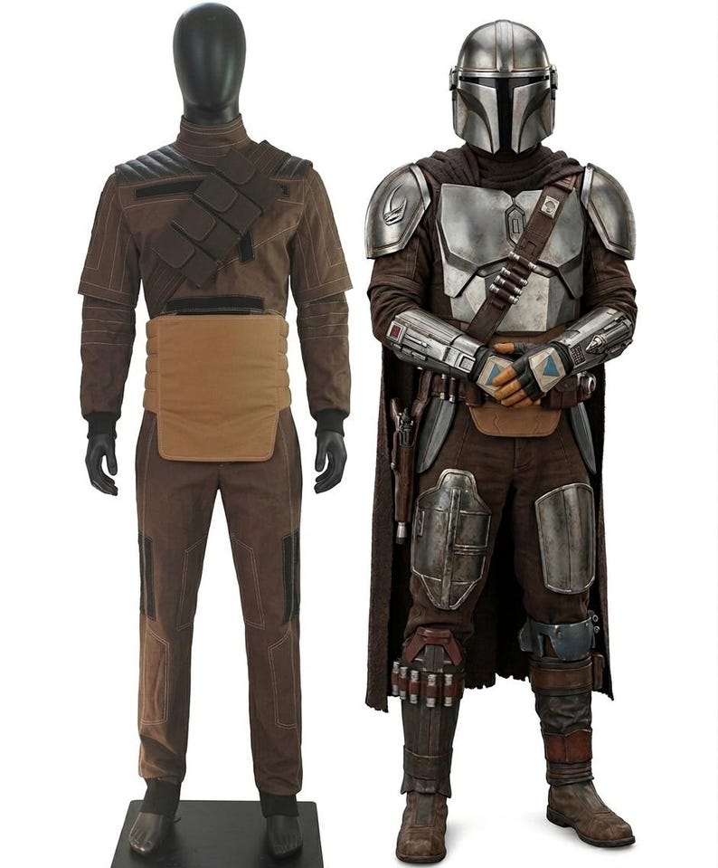Front View of the Din Djarin Mandalorian Beskar armor and brown canvas flight suit. High-quality professional cosplay showing full weathered silver Beskar plates beside a display mannequin wearing the matching quilted cummerbund and flight suit. Perfect for 501st Legion approval