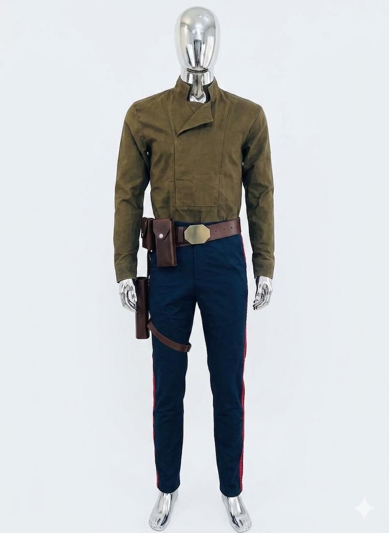 May include: A long-sleeved olive green shirt with a high collar and an asymmetrical front panel, paired with dark blue trousers featuring a vertical red stripe on each leg. A brown leather belt with a metallic buckle and attached holster is worn.