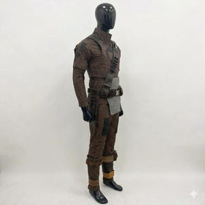 Op de afbeelding: Een bruin kostuum op een mannequin. De outfit bevat een top met lange mouwen, een broek en diverse accessoires zoals een riem, schouderband en zakjes. Het kostuum heeft een getextureerde uitstraling en een militair of futuristisch ontwerp.