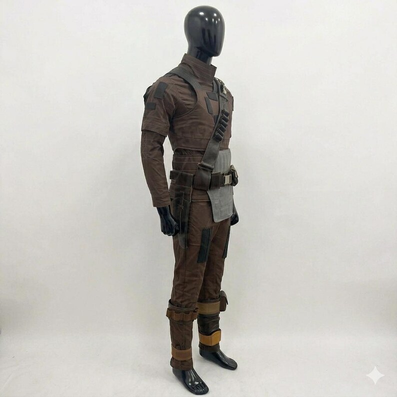 Op de afbeelding: Een bruin kostuum op een mannequin. De outfit bevat een top met lange mouwen, een broek en diverse accessoires zoals een riem, schouderband en zakjes. Het kostuum heeft een getextureerde uitstraling en een militair of futuristisch ontwerp.