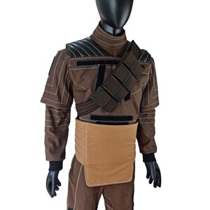 Din Djarin Mandalorian brown undersuit cosplay costume Close-up front view of  showing suit, vest, cummerband and Mando belt details