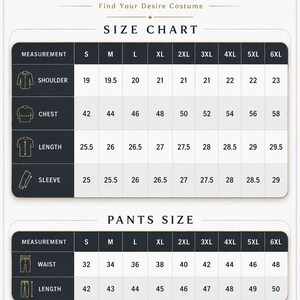 May include: A size chart for LeathersExperts featuring two tables for jacket and pants measurements in inches. The jacket table lists shoulder, chest, length, and sleeve sizes from S to 6XL. The pants table lists waist and length sizes from S to 6XL.