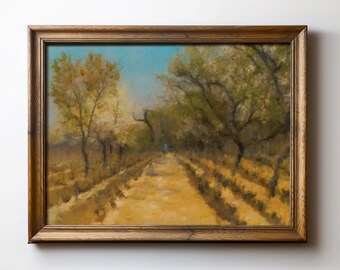 Golden Vineyard Path Print – Rustic Wine Country Decor, Vibrant Yellow Wall Art, Instant Cottagecore Landscape Download, TimprintsStudio