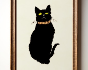 Minimalist Black Cat Art Print, Quirky Gothic Wall Decor, Halloween Instant Digital Download, TimprintsStudio