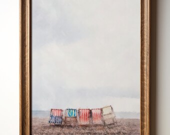 Vintage Beach Chairs Art Print - Minimalist Coastal Digital Download, Serene Ocean Landscape, Summer Seaside Decor, TimprintsStudio