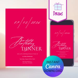 Elegante invitación para cena de cumpleaños de mujer, en cualquier color: rosa, rojo, burdeos, frambuesa. Descarga digital instantánea. Plantilla Canva.
