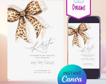 Leopard Bow Birthday Invitation: Glamour Party, Editable Canva Template (Digital Download)