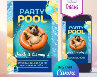 Capybara Pool Party Invitation: Editable Summer Birthday (Digital Download)